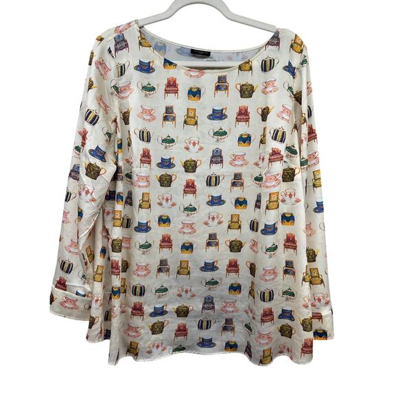 Talbots White Chairs Teacups Victorian Blouse Royal Large Novelty Print Whimsy - Picture 1 of 7